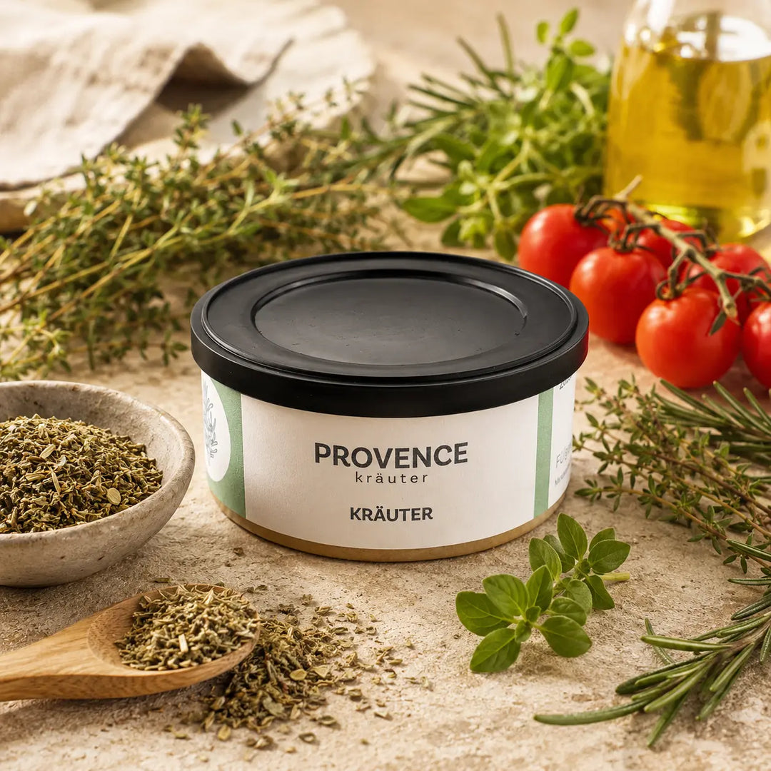 Kräuter der Provence mit Thymian, Rosmarin, Oregano, Tomaten und Olivenöl
