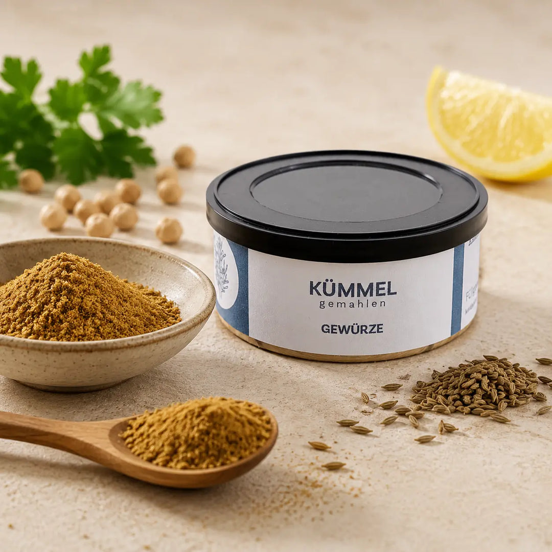 Kreuzkümmel gemahlen mit ganzen Kreuzkümmelsamen, Kichererbsen und Zitrone