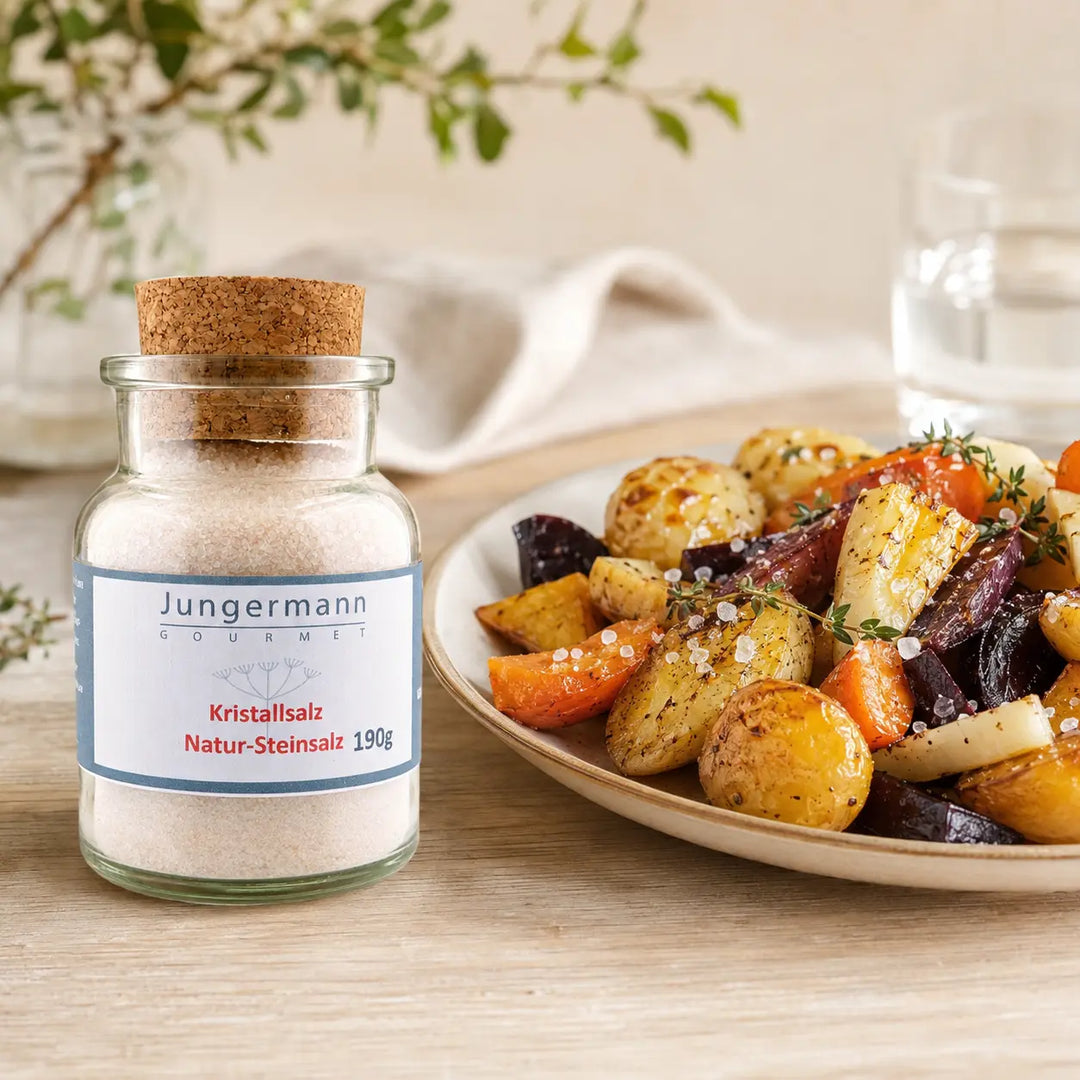 Kristallsalz von Jungermann Gourmet zu geröstetem Gemüse und Ofenkartoffeln