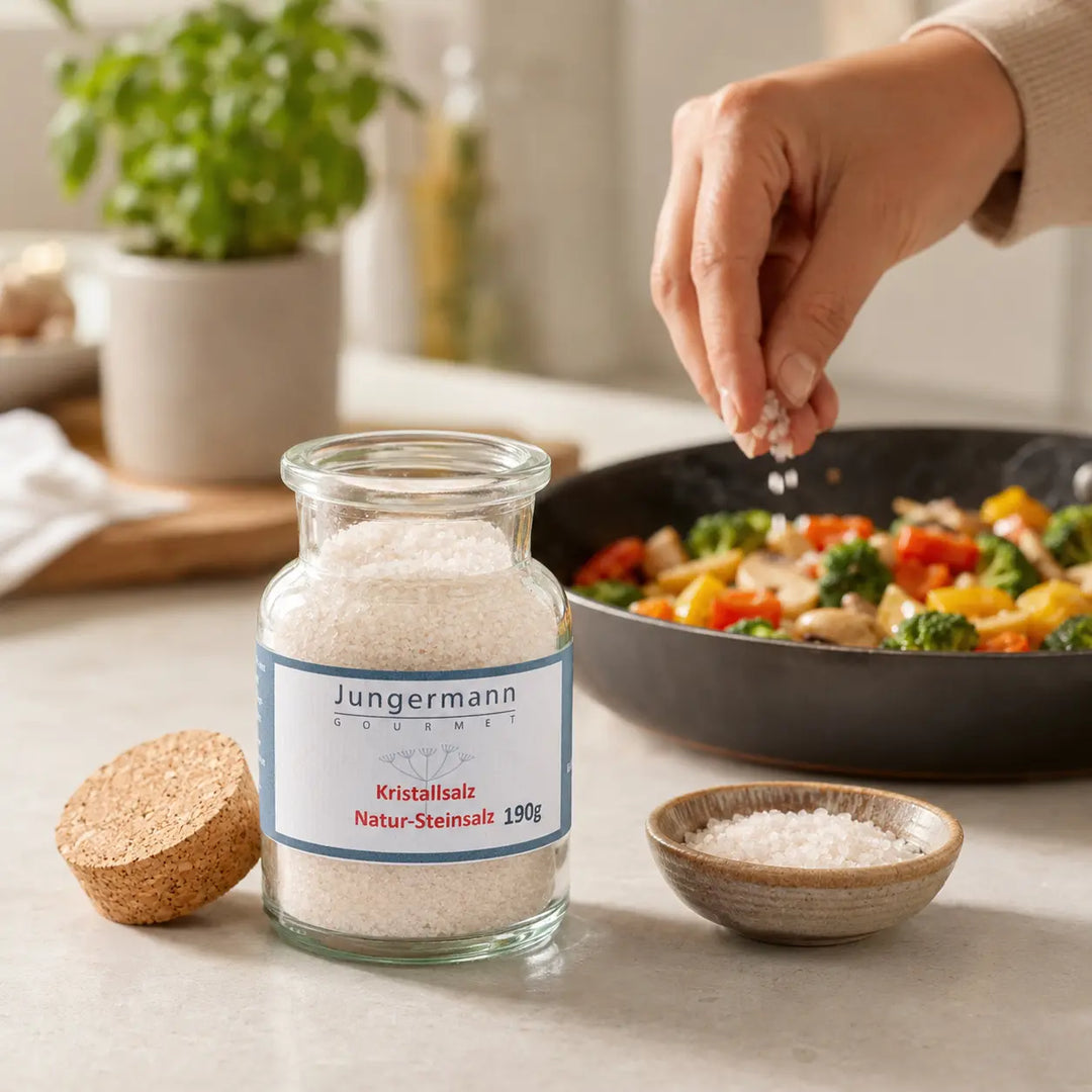 Kristallsalz von Jungermann Gourmet beim Würzen von gebratenem Gemüse