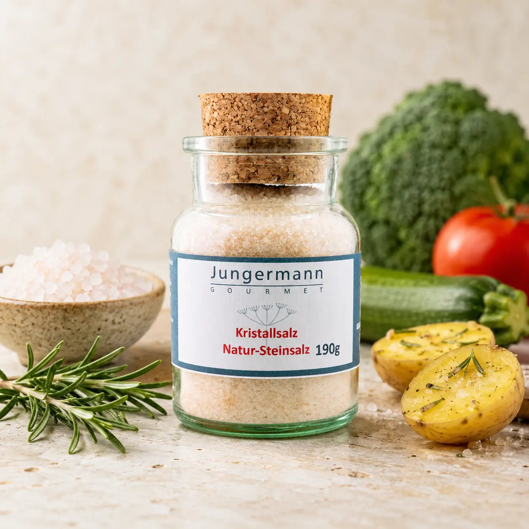 Kristallsalz von Jungermann Gourmet mit Kartoffeln Gemüse und Rosmarin