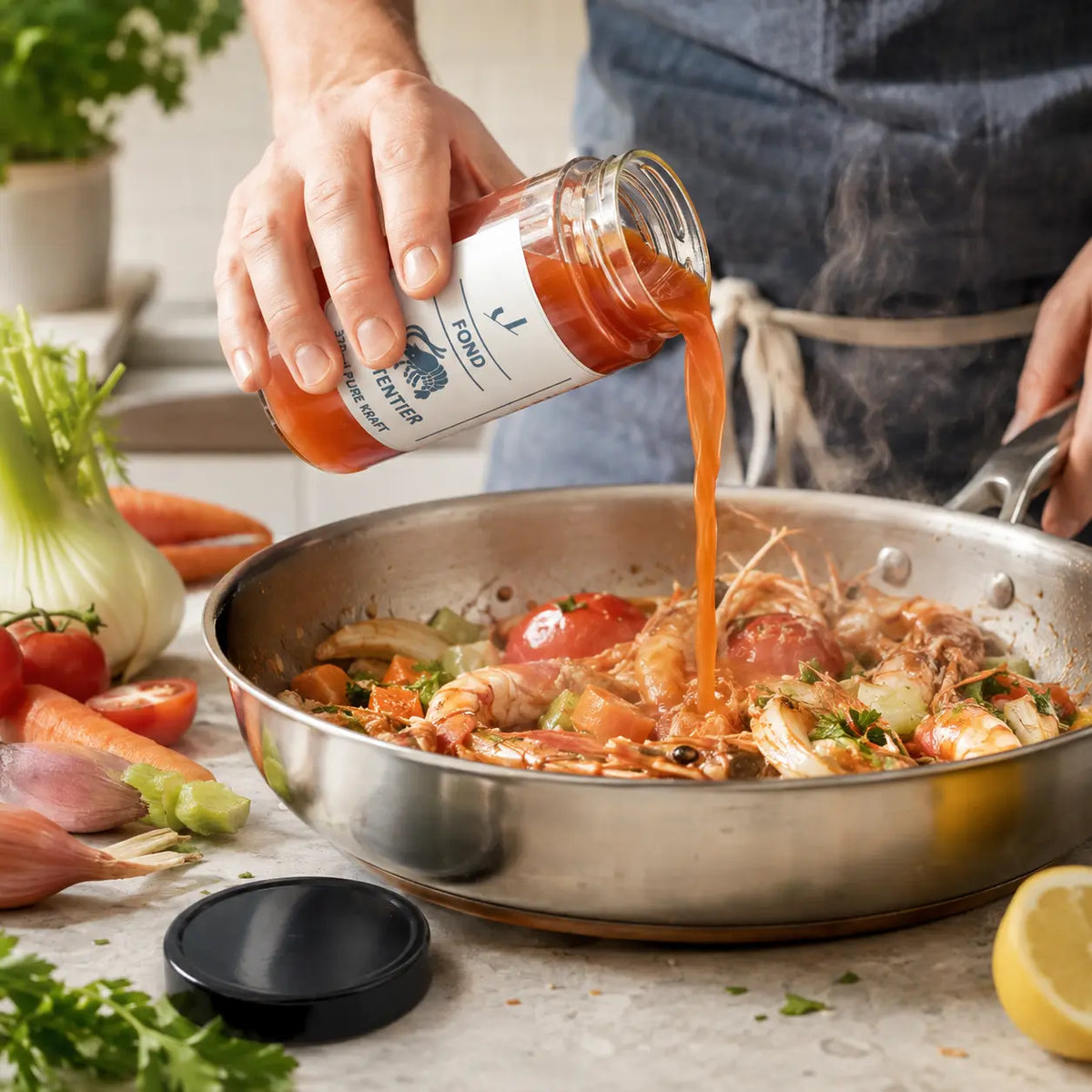 Krustentier-Fond beim Kochen eines Bisque-Ansatzes mit Tomate, Fenchel und Schalotten