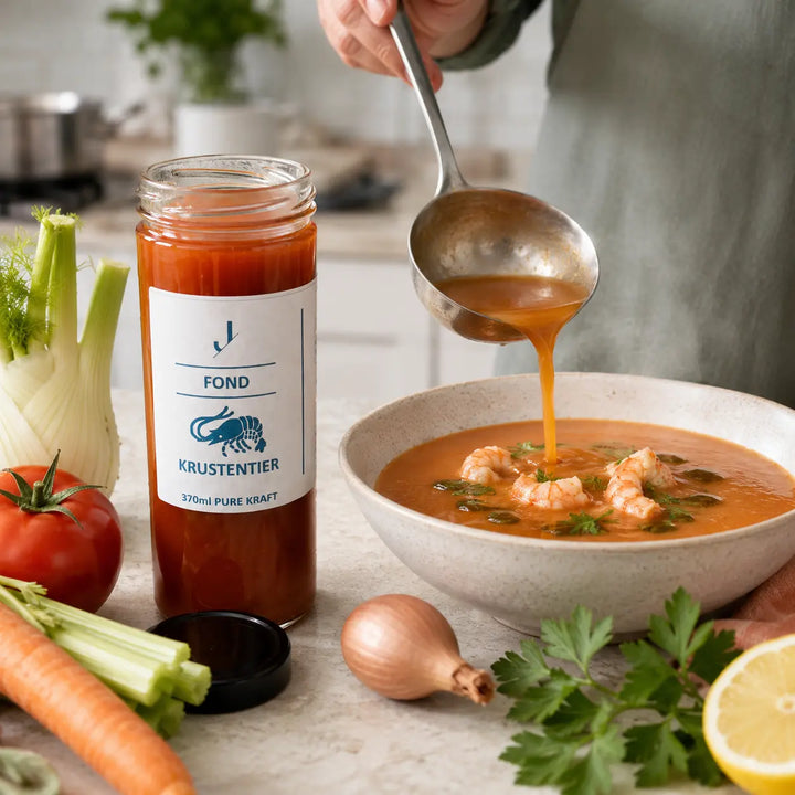 Krustentier-Fond mit cremiger Bisque, Garnelen, Tomate, Fenchel, Karotte und Petersilie