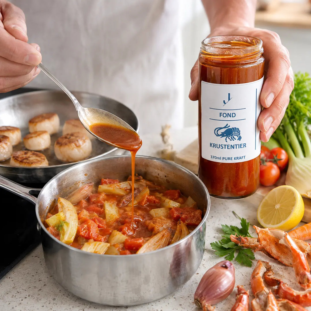Krustentier-Fond von Jungermann Gourmet für eine Sauce zu gebratenen Jakobsmuscheln
