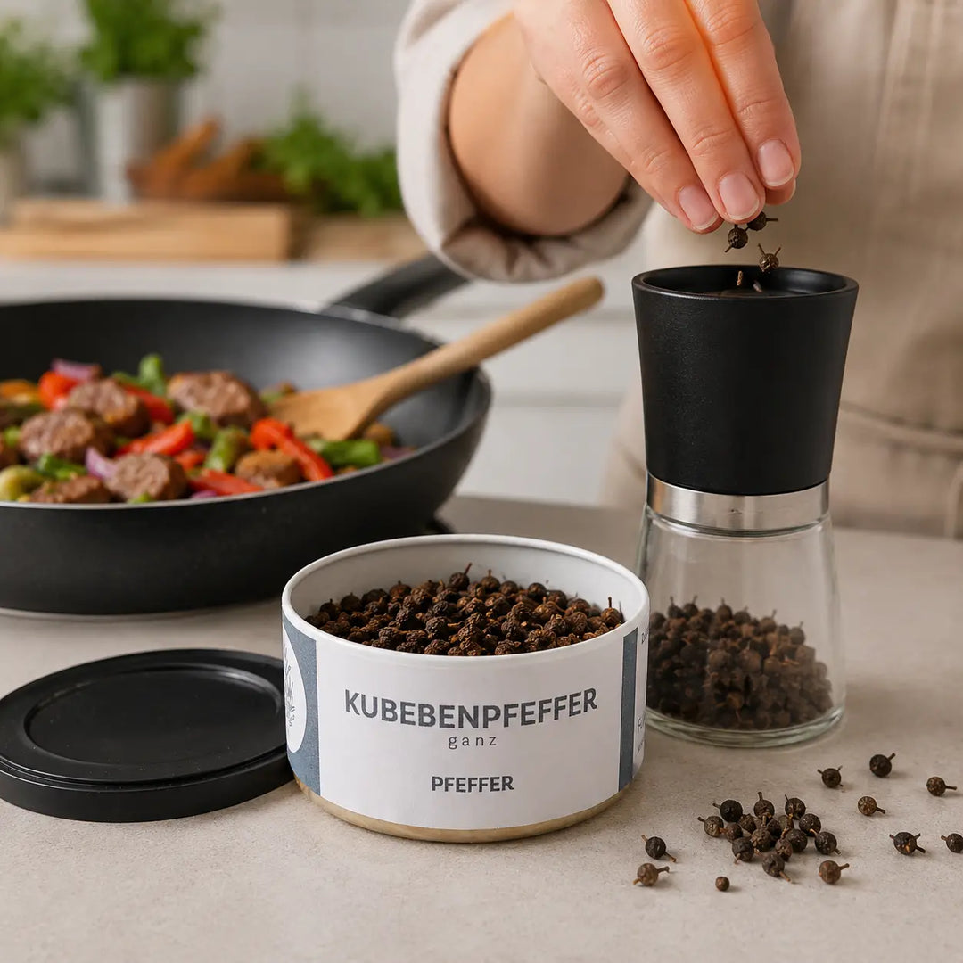 Kubebenpfeffer von Jungermann Gourmet beim Befüllen einer Pfeffermühle