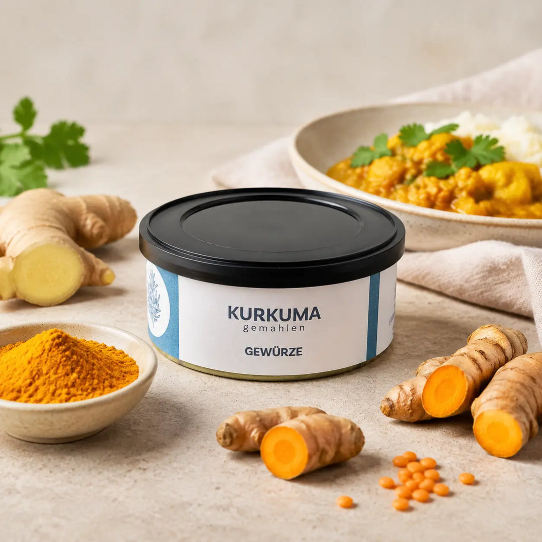 Kurkuma gemahlen von Jungermann Gourmet mit Kurkumawurzel und Currygericht