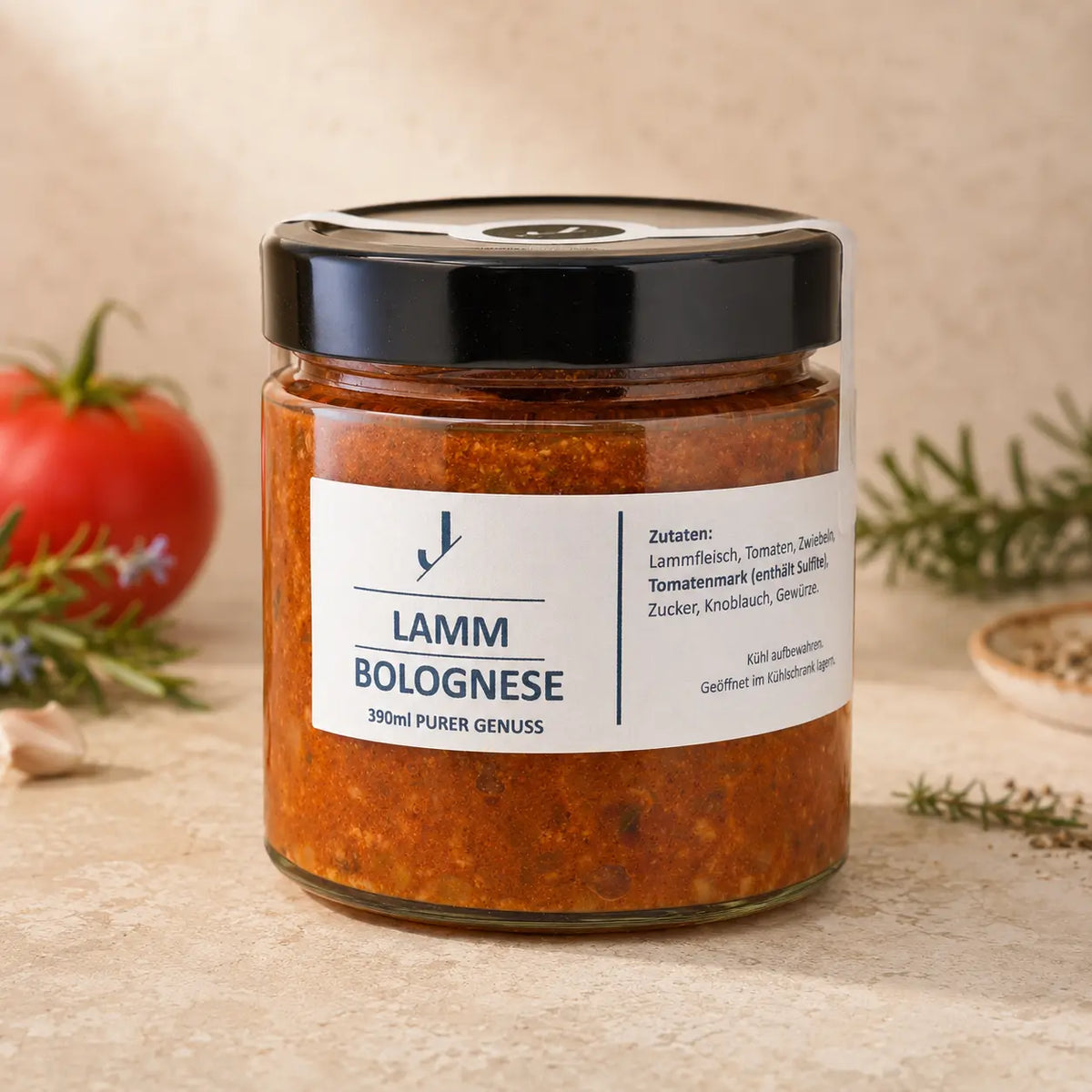 Jungermann Gourmet Lamm-Bolognese Sauce im Glas – Premium Packshot