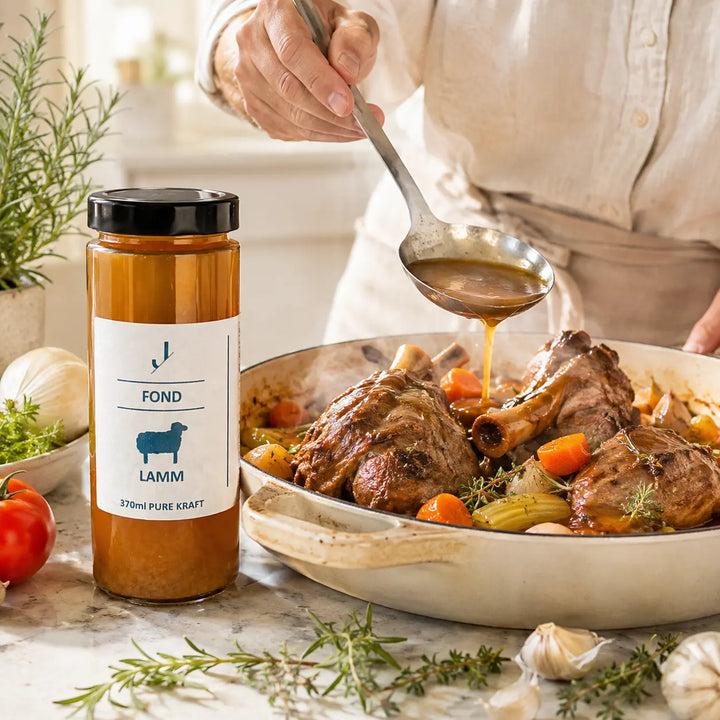 Lamm-Fond zu geschmorten Lammhaxen mit Karotten, Zwiebeln, Sellerie und Kräutern