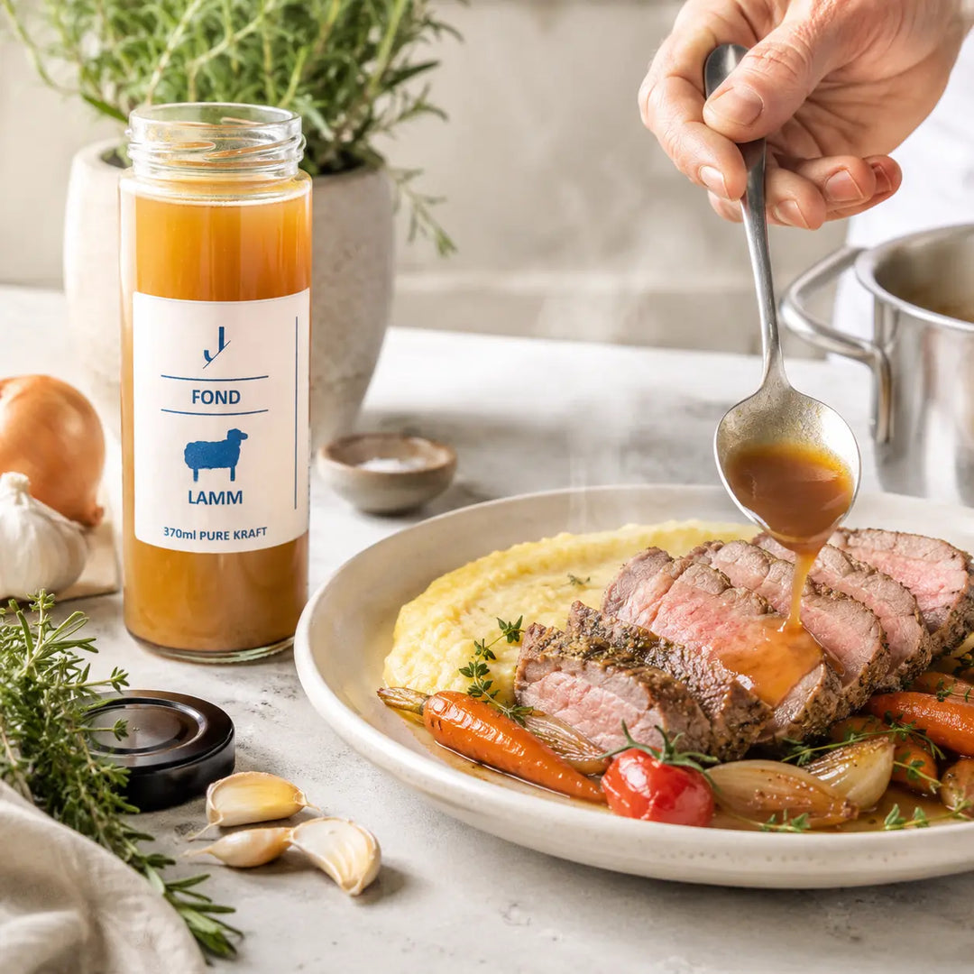 Lamm-Fond als Jus zu rosa Lammrücken mit Polenta, Karotten, Knoblauch und Rosmarin