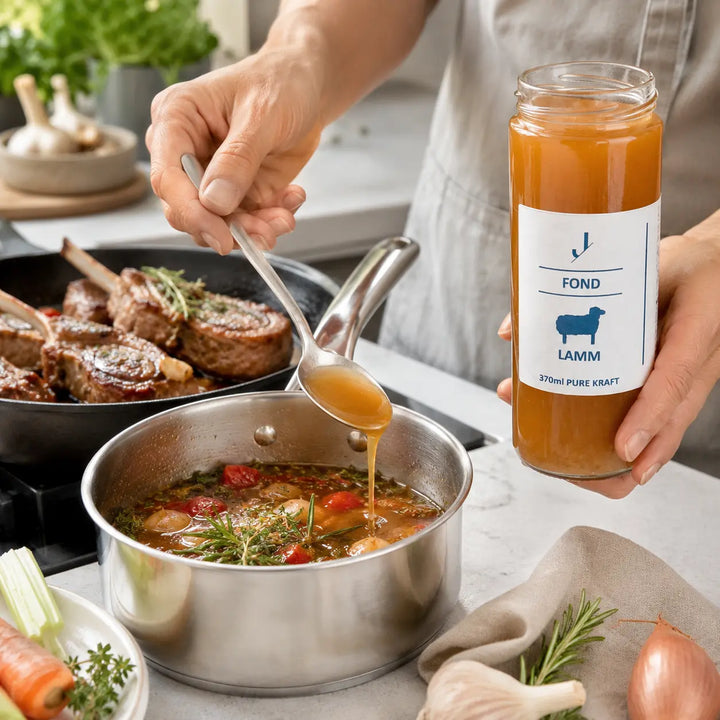 Lamm-Fond von Jungermann Gourmet für eine Sauce mit Tomate, Knoblauch und Rosmarin