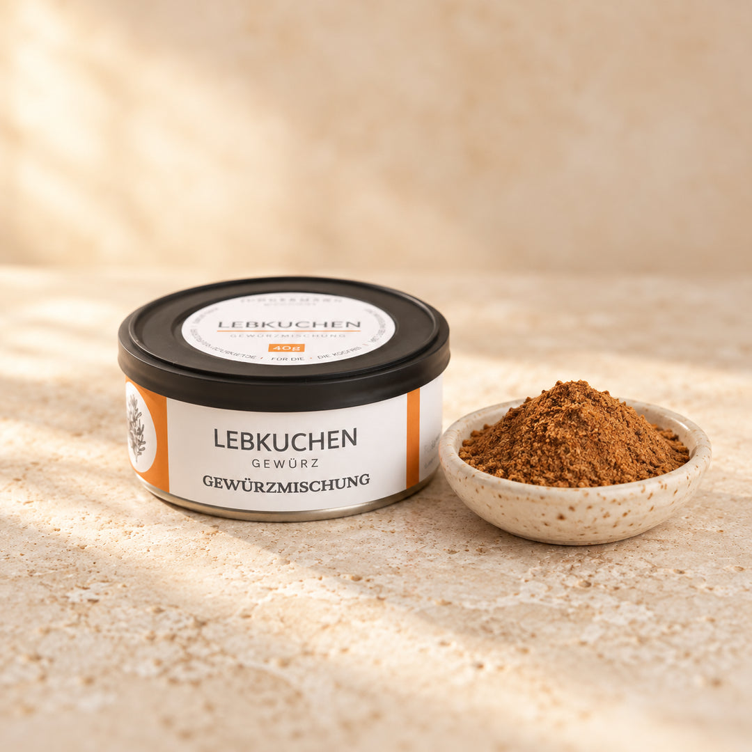 Jungermann Lebkuchen-Gewürz in der 40-g-Dose, daneben ein Schälchen mit der fein gemahlenen Gewürzmischung
