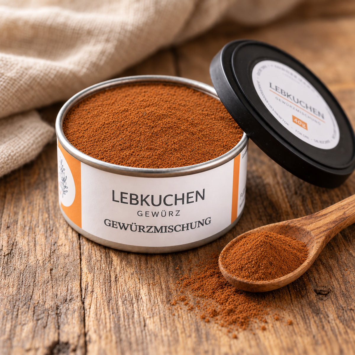 Geöffnete Dose Jungermann Lebkuchen-Gewürz mit fein gemahlenem Pulver und Holzlöffel auf einem rustikalen Holztisch