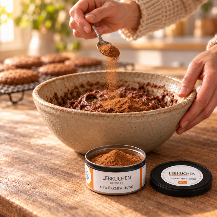 Jungermann Lebkuchen-Gewürz wird mit einem Löffel in Lebkuchenteig gestreut, daneben die geöffnete 40-g-Dose