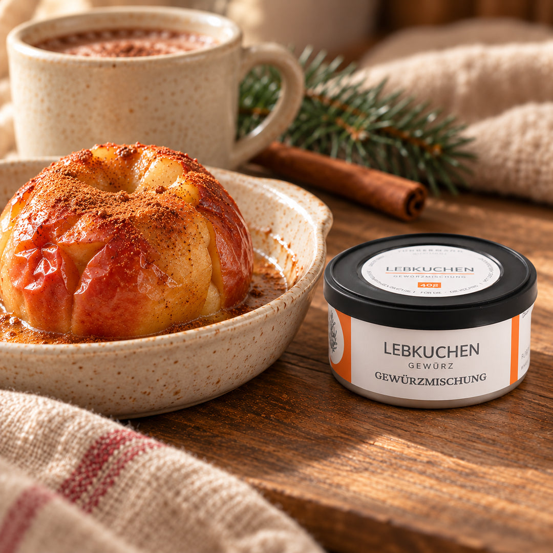 Bratapfel mit einer Prise Jungermann Lebkuchen-Gewürz, daneben die Gewürzdose, ein Becher Kakao und ein Tannenzweig