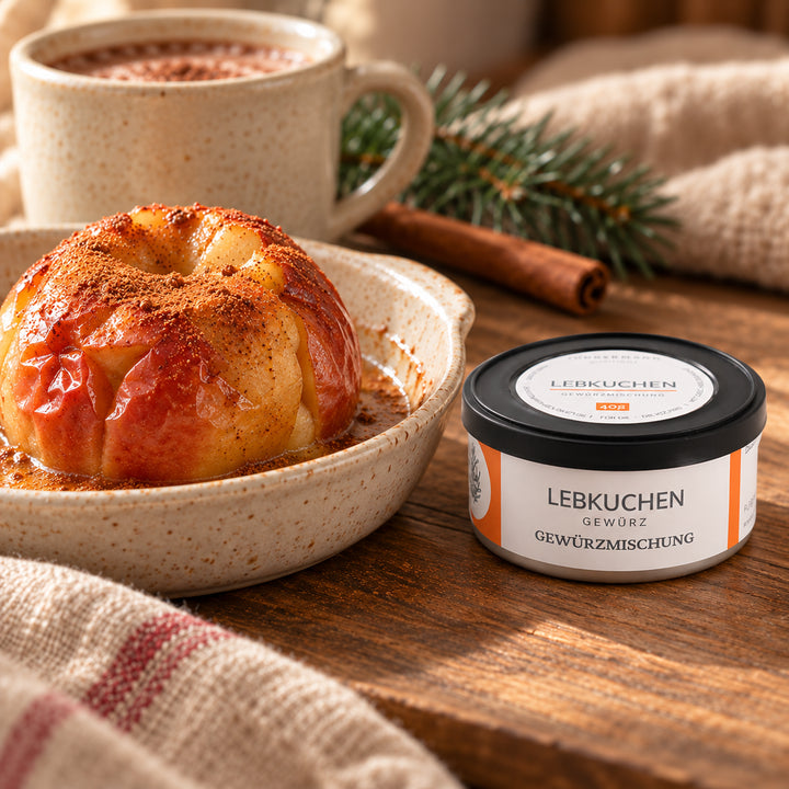 Bratapfel mit einer Prise Jungermann Lebkuchen-Gewürz, daneben die Gewürzdose, ein Becher Kakao und ein Tannenzweig