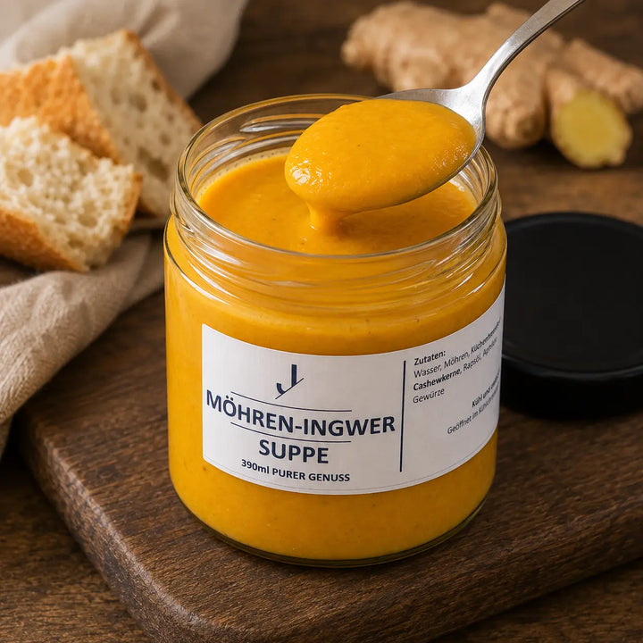 Cremige Möhren-Ingwer-Suppe von Jungermann Gourmet im geöffneten Glas mit Löffel