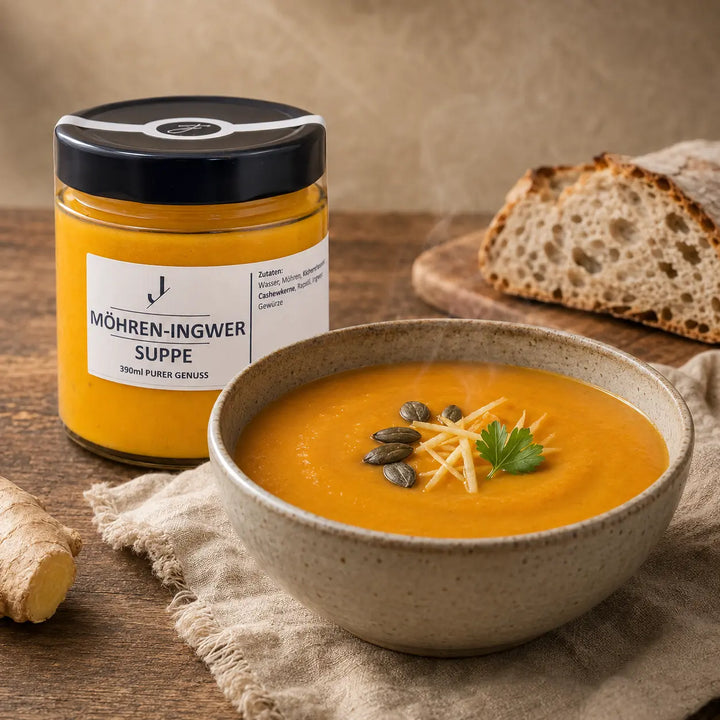 Möhren-Ingwer-Suppe von Jungermann Gourmet mit Ingwer, Kürbiskernen und Brot