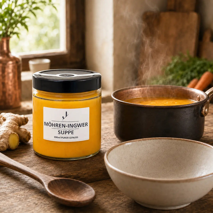 Möhren-Ingwer-Suppe von Jungermann Gourmet beim schonenden Erwärmen im Topf