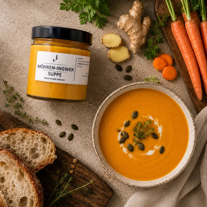 Möhren-Ingwer-Suppe von Jungermann Gourmet mit Möhren, Ingwer, Kräutern und Brot