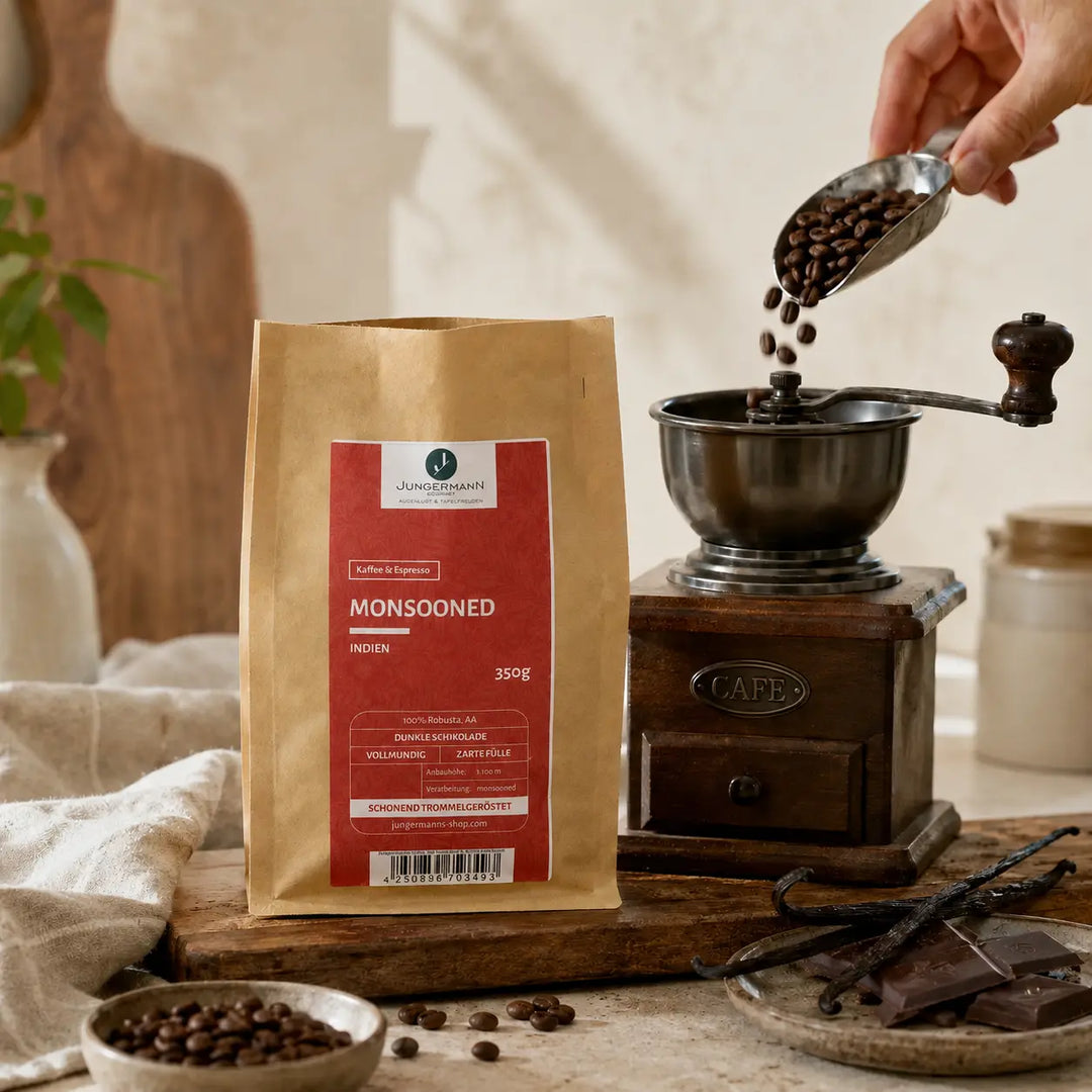 Monsooned Malabar Kaffee aus Indien beim Mahlen mit dunkler Schokolade und Vanille