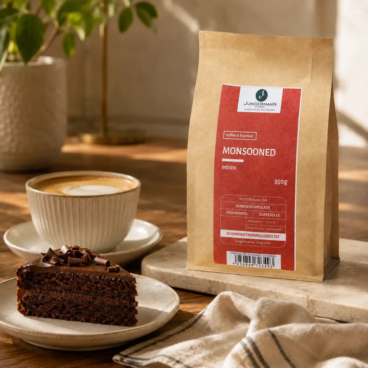Monsooned Malabar Kaffee mit Flat White und dunklem Schokoladenkuchen
