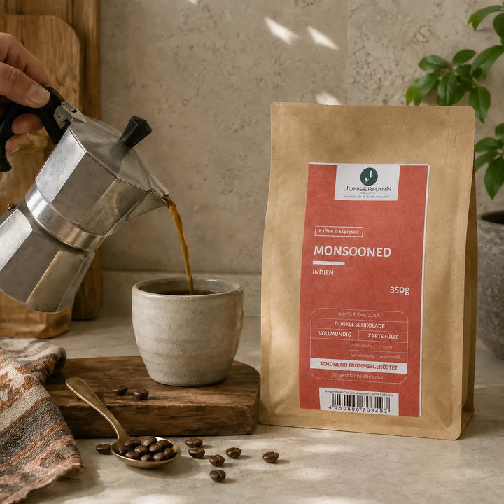 Monsooned Malabar Kaffee aus Indien beim Einschenken aus der Mokkakanne