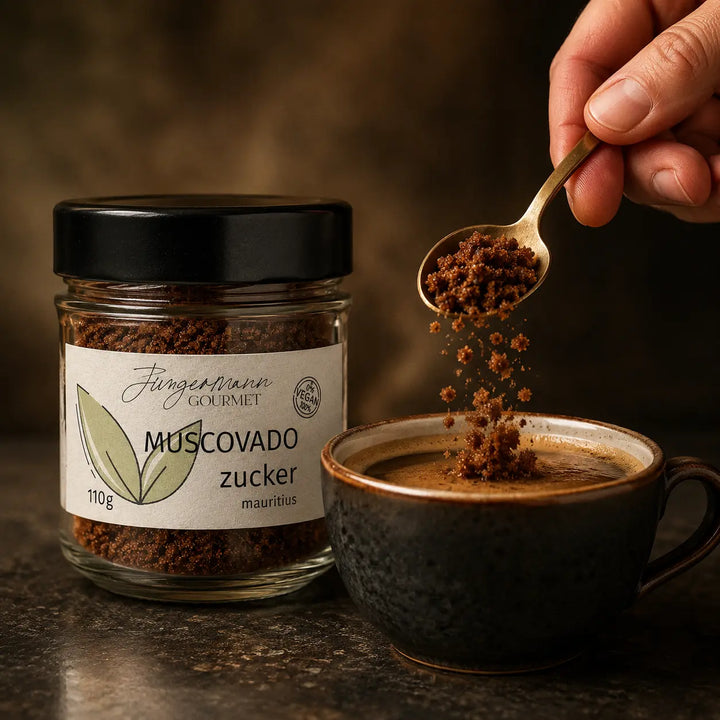 Muscovado-Zucker von Jungermann Gourmet beim Süßen von Kaffee