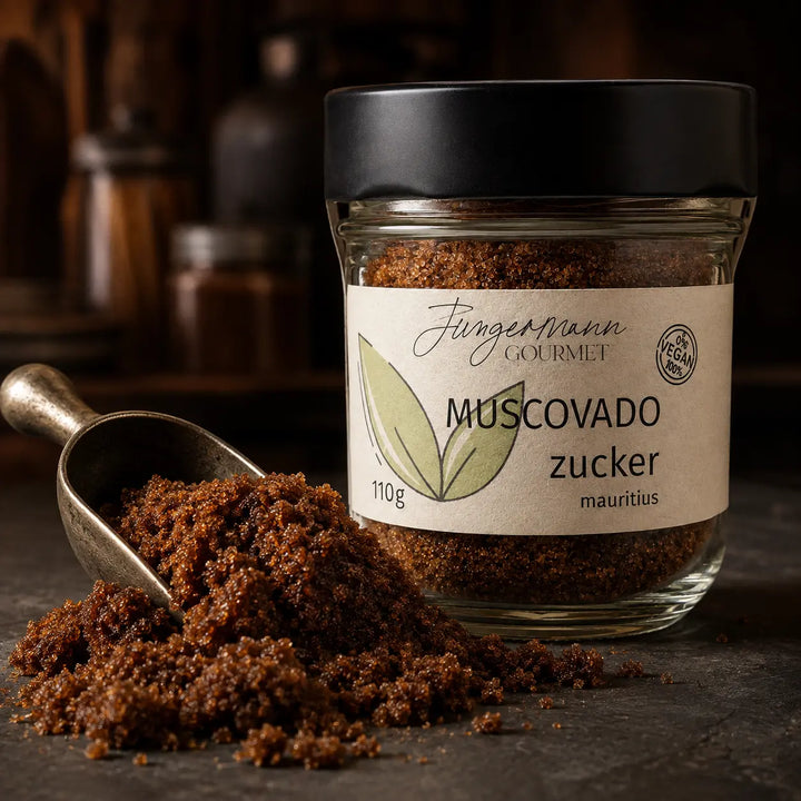 Dunkler feuchter Muscovado-Zucker mit Metallschaufel neben dem Produktglas