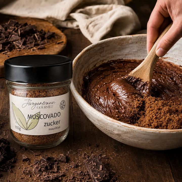 Muscovado-Zucker beim Unterheben in dunklen Brownieteig