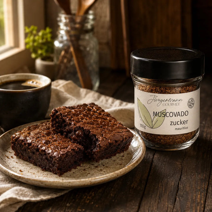 Muscovado-Zucker mit saftigen Schokoladenbrownies und Kaffee