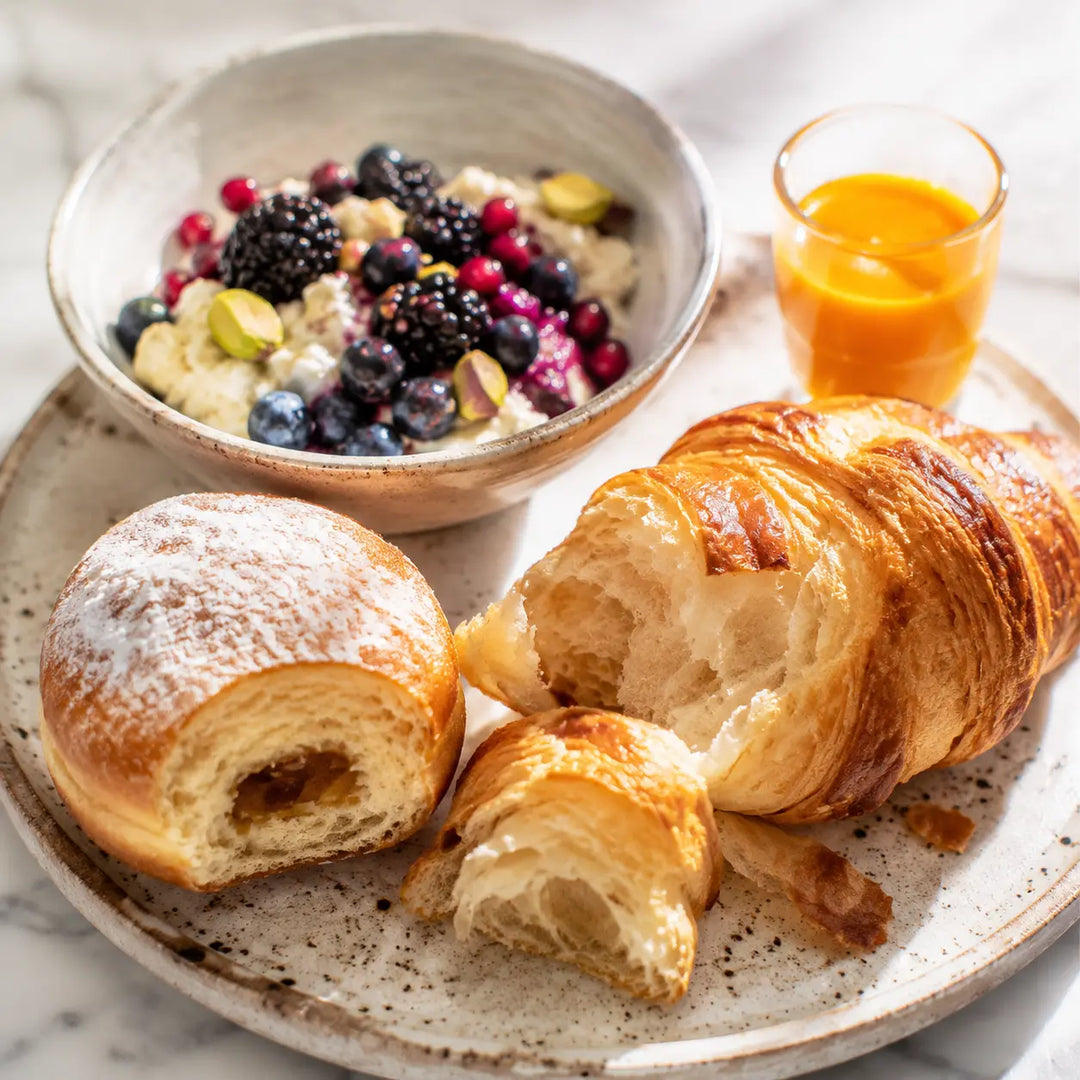 Croissant, Neujahrskrapfen, Beerenquark und Ingwer-Kurkuma-Shot im Detail