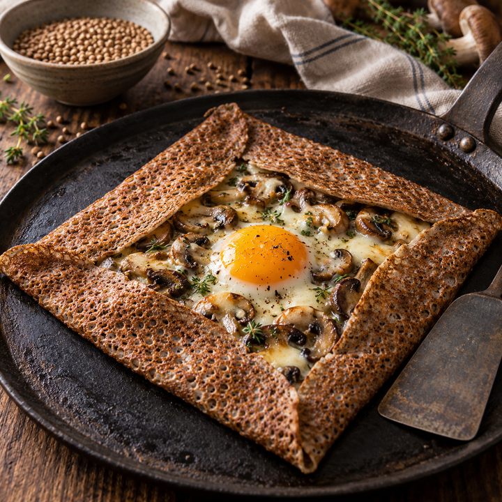 Bretonische Buchweizen-Galette mit Pilzen, Käse und Ei