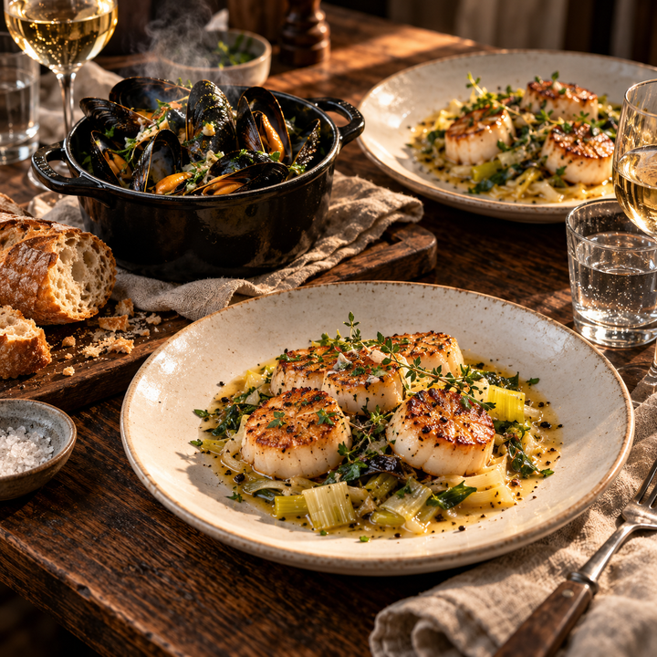 Französischer Genusstisch mit Jakobsmuscheln, Muscheln und Baguette