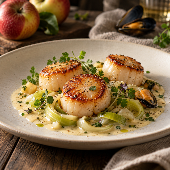 Gebratene Jakobsmuscheln mit Lauch und Sauce – Normandie &amp; Bretagne