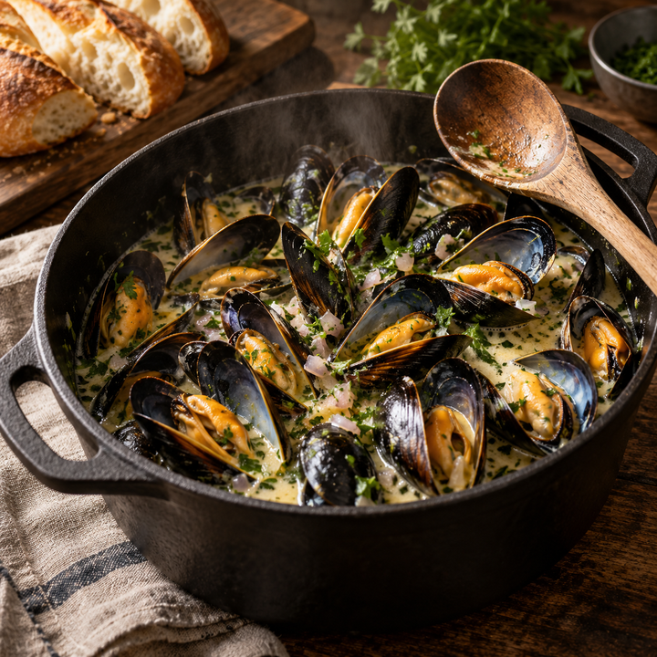 Miesmuscheln im Topf mit Schalotten, Kräutern und cremigem Sud