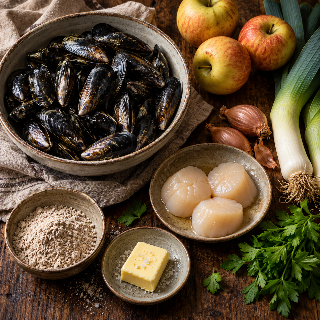 Zutaten der französischen Küste: Muscheln, Äpfel, Butter und Buchweizen
