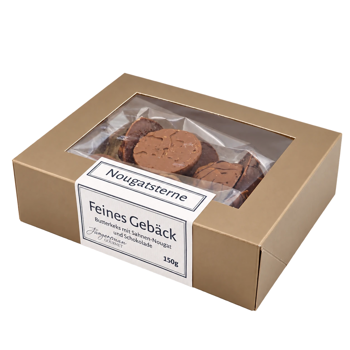 Nougatsterne von Jungermann Gourmet in der Gebäckschachtel mit Sichtfenster – freigestellte Produktansicht.