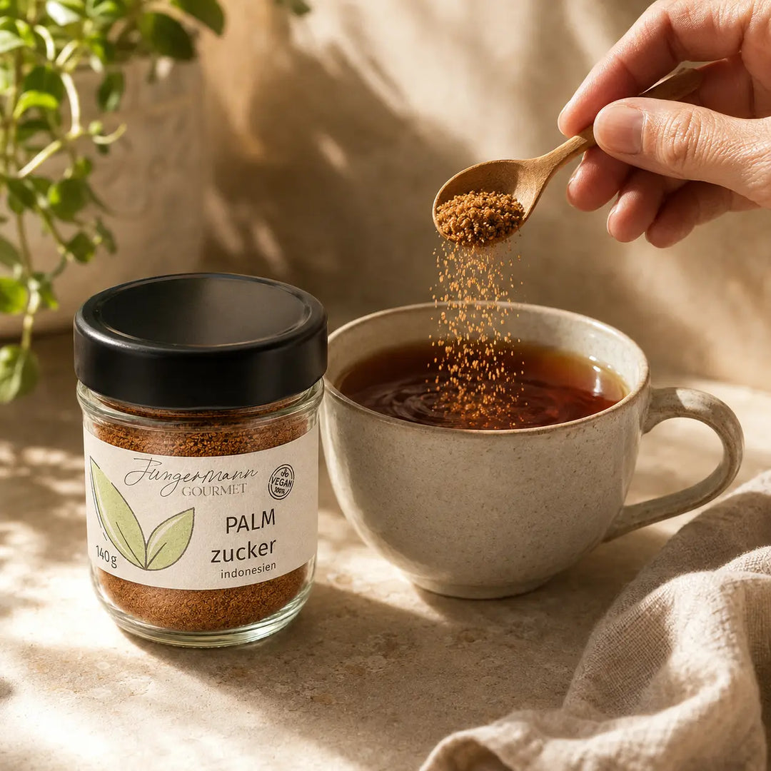 Palmzucker von Jungermann Gourmet beim Süßen von schwarzem Tee