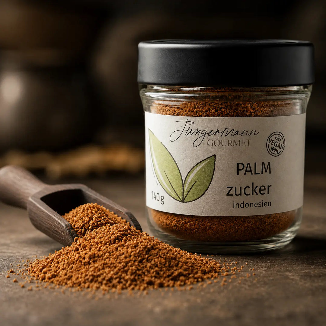 Feine braune Palmzucker-Körner mit Holzschaufel neben dem Produktglas