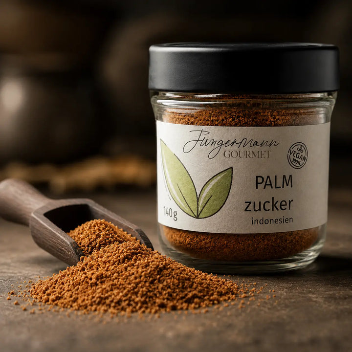 Feine braune Palmzucker-Körner mit Holzschaufel neben dem Produktglas