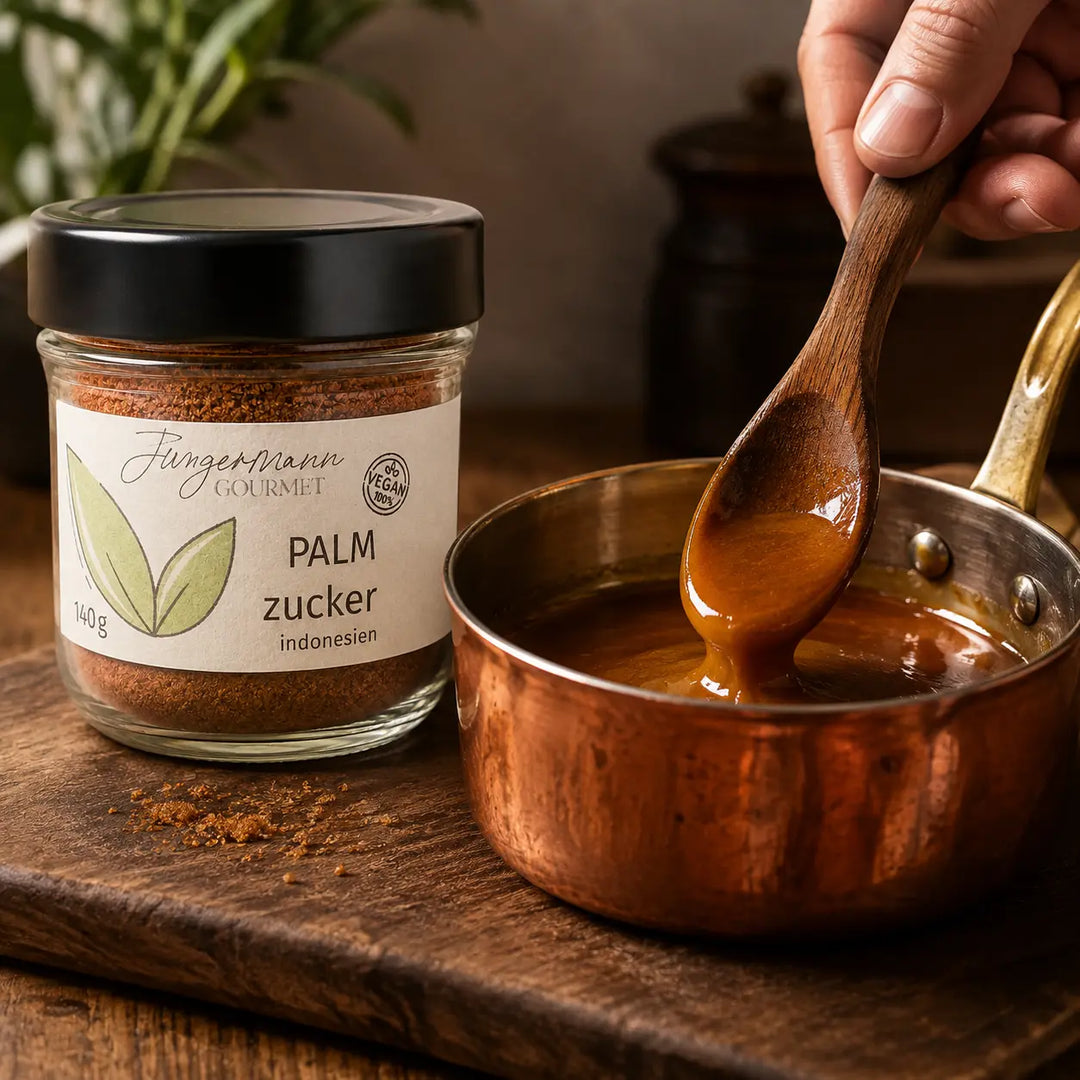 Palmzucker beim Rühren einer warmen Karamellsauce im Kupfertopf