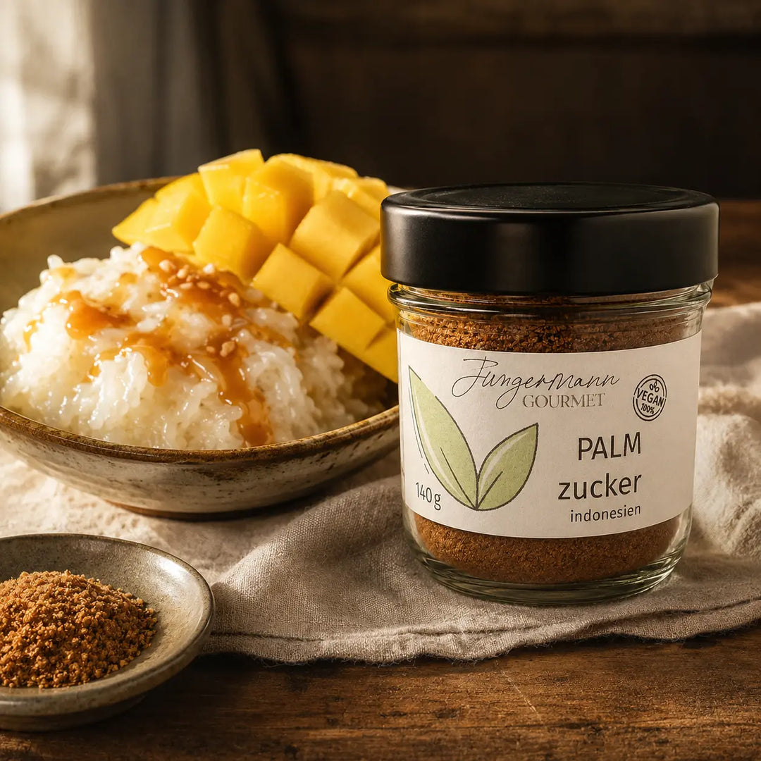 Palmzucker mit Mango-Klebreis und karamelliger Sauce