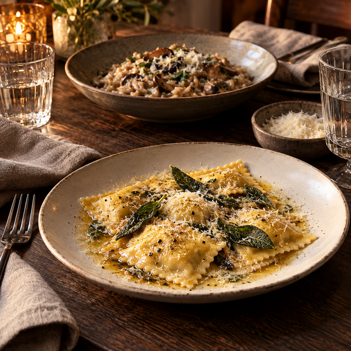 Italienischer Genusstisch mit Ravioli, Salbei und Risotto