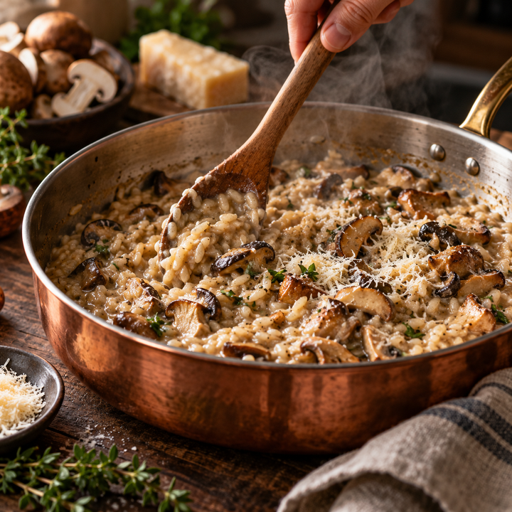 Cremiges Pilzrisotto bei der Zubereitung in der Pfanne