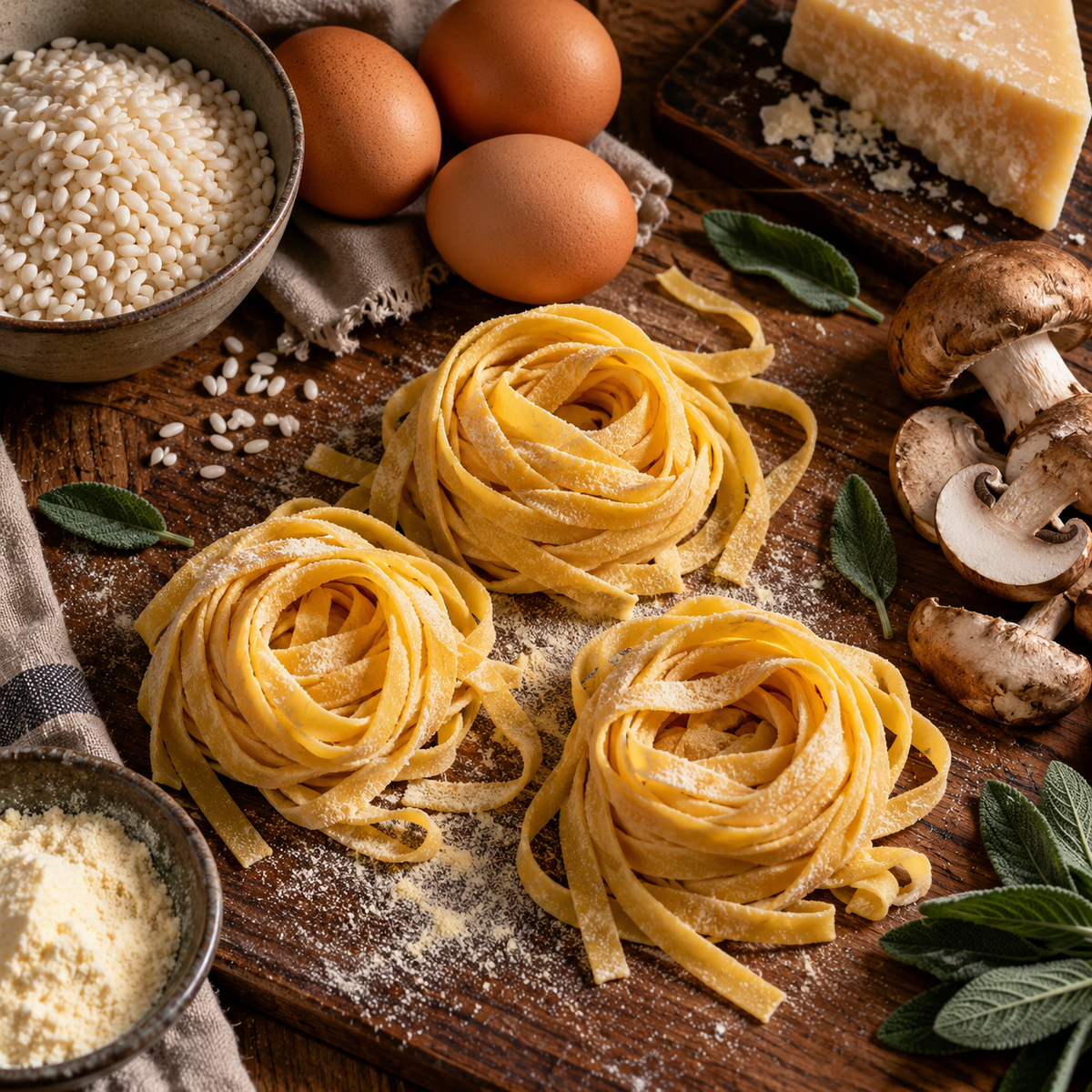 Pastateig, Eier, Risottoreis, Parmesan und Pilze als Kochzutaten