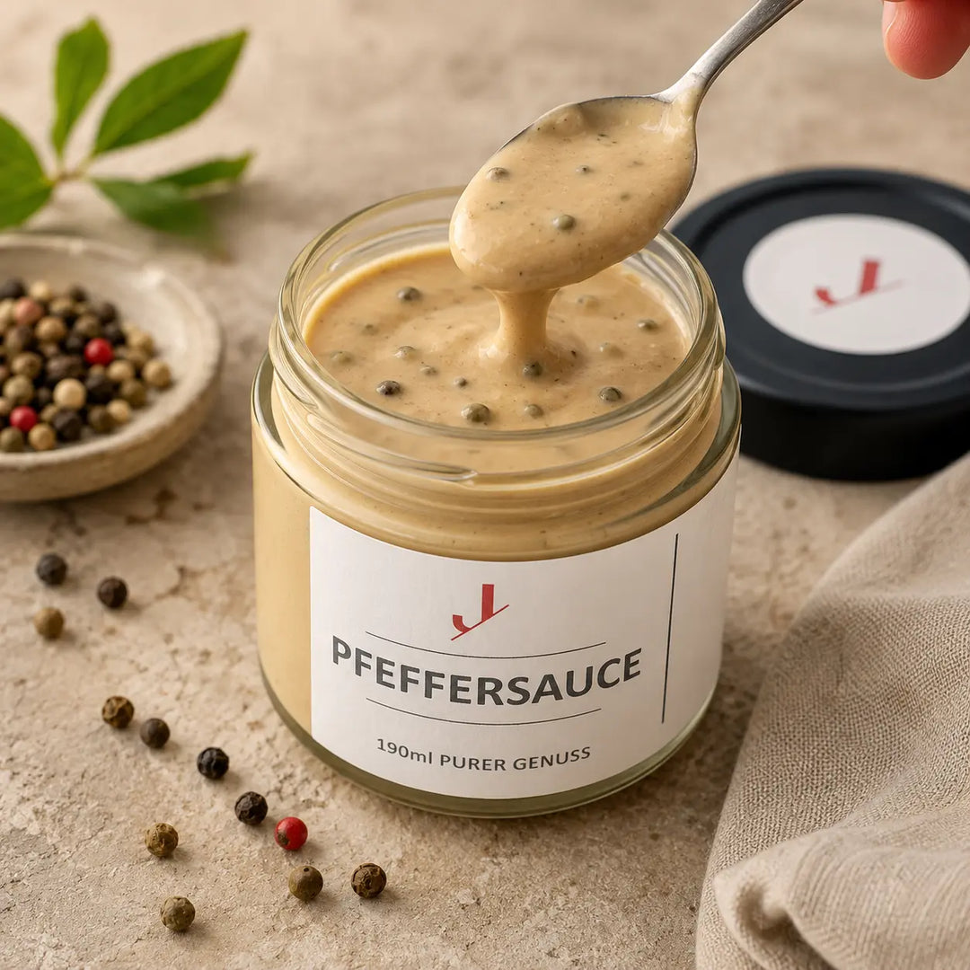 Pfeffer-Rahmsauce von Jungermann Gourmet – cremige Textur mit Pfefferkörnern