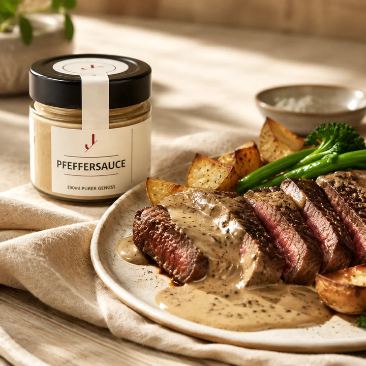 Jungermann Gourmet Pfeffer-Rahmsauce zu Steak, Kartoffeln und Gemüse