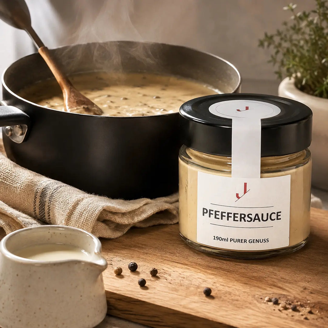 Pfeffer-Rahmsauce von Jungermann Gourmet schonend im Topf erwärmen