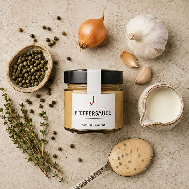Jungermann Gourmet Pfeffer-Rahmsauce mit Pfefferkörnern, Zwiebel und Thymian