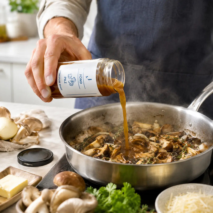 Pilz-Fond beim Angießen gebratener Pilze mit Zwiebel, Butter, Thymian und Petersilie